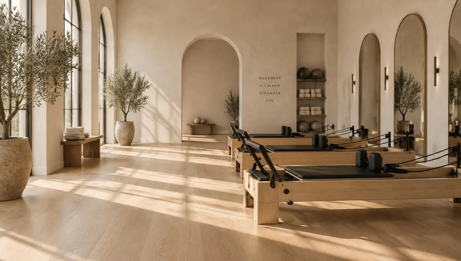 Sunlit ivory Pilates studio with oak reformers, arched mirrors and olive trees